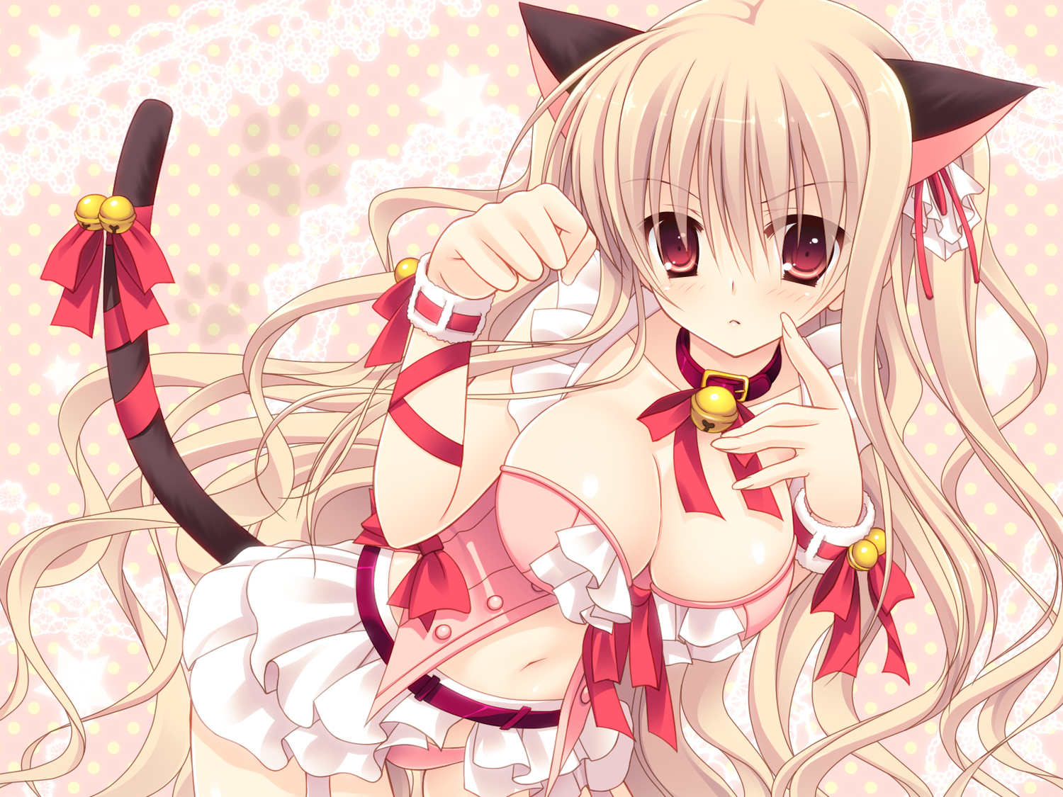 animal_ears, arisugawa_riko, bell, blonde_hair, blush, bow, breasts, catgirl, cleavage, collar, game_cg, hazumi_rio, lime_(company), long_hair, navel, panties, red_eyes, ribbons, tail, twintails, underwear, xxx_na_kanojo_ga_inaka_seikatsu_wo_mankitsu_suru_himitsu_no_houhou