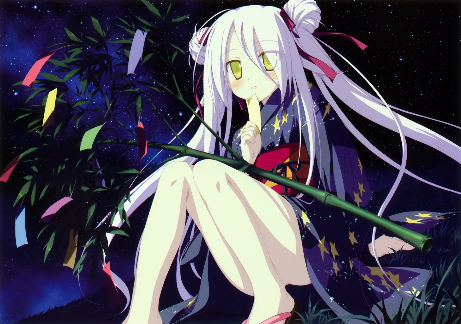 favorite, game_cg, hoshizora_no_memoria, japanese_clothes, long_hair, mare_s_ephemeral, ribbons, shida_kazuhiro, twintails, white_hair, yellow_eyes