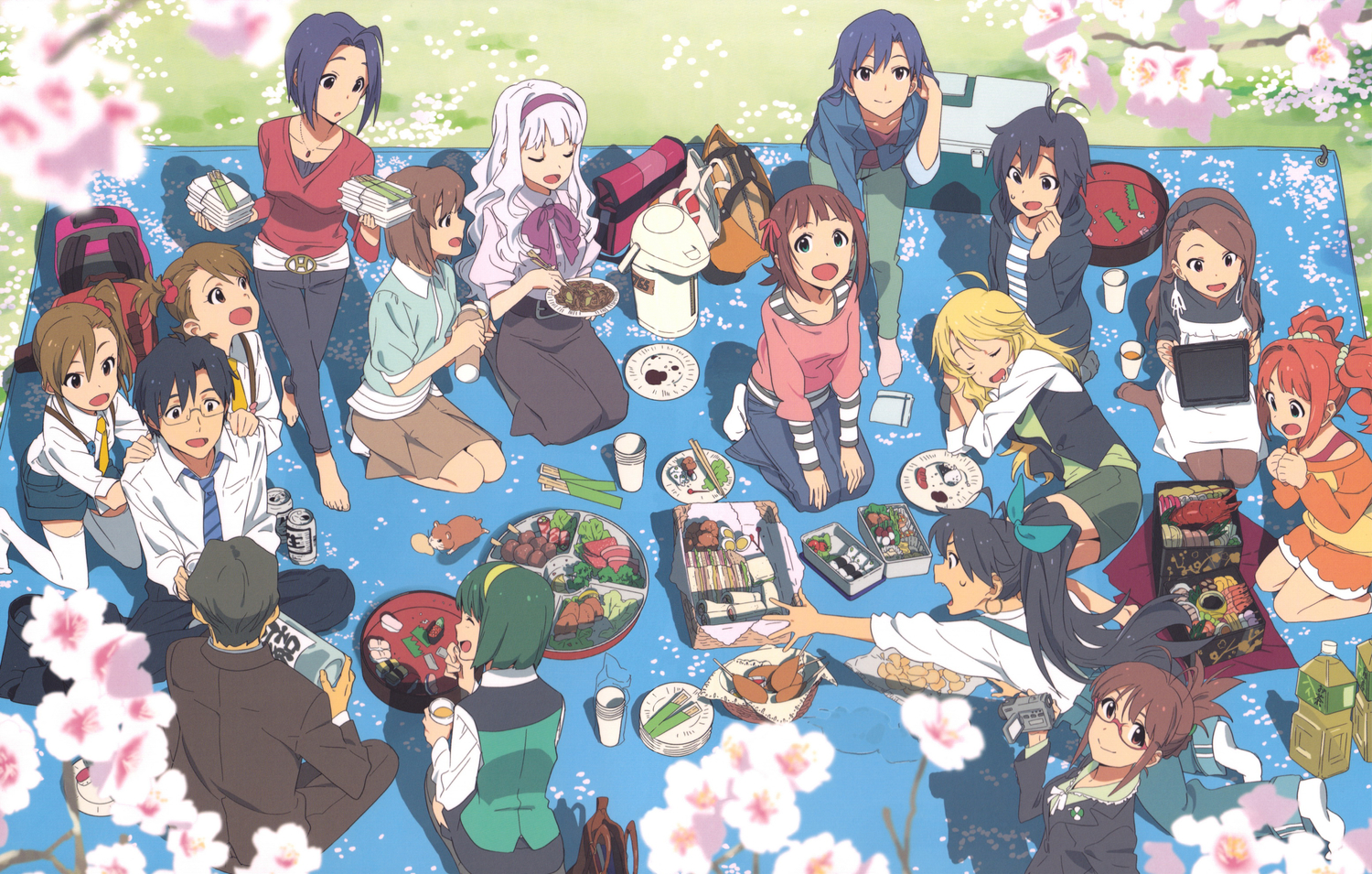 akizuki_ritsuko, amami_haruka, cherry_blossoms, drink, flowers, food, futami_ami, futami_mami