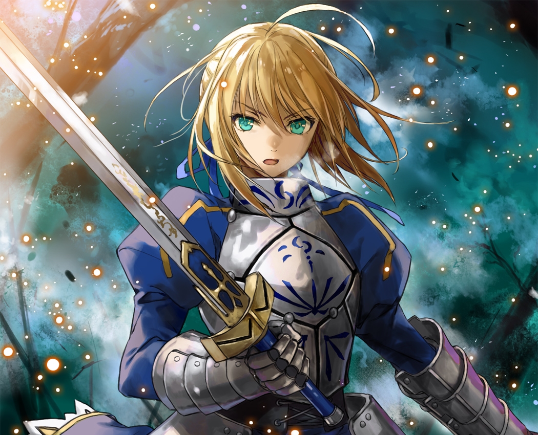 armor, artoria_pendragon_(all), blonde_hair, fate_(series), fate/stay_night, fate/zero, green_eyes, komecchi, ribbons, saber, sword, weapon