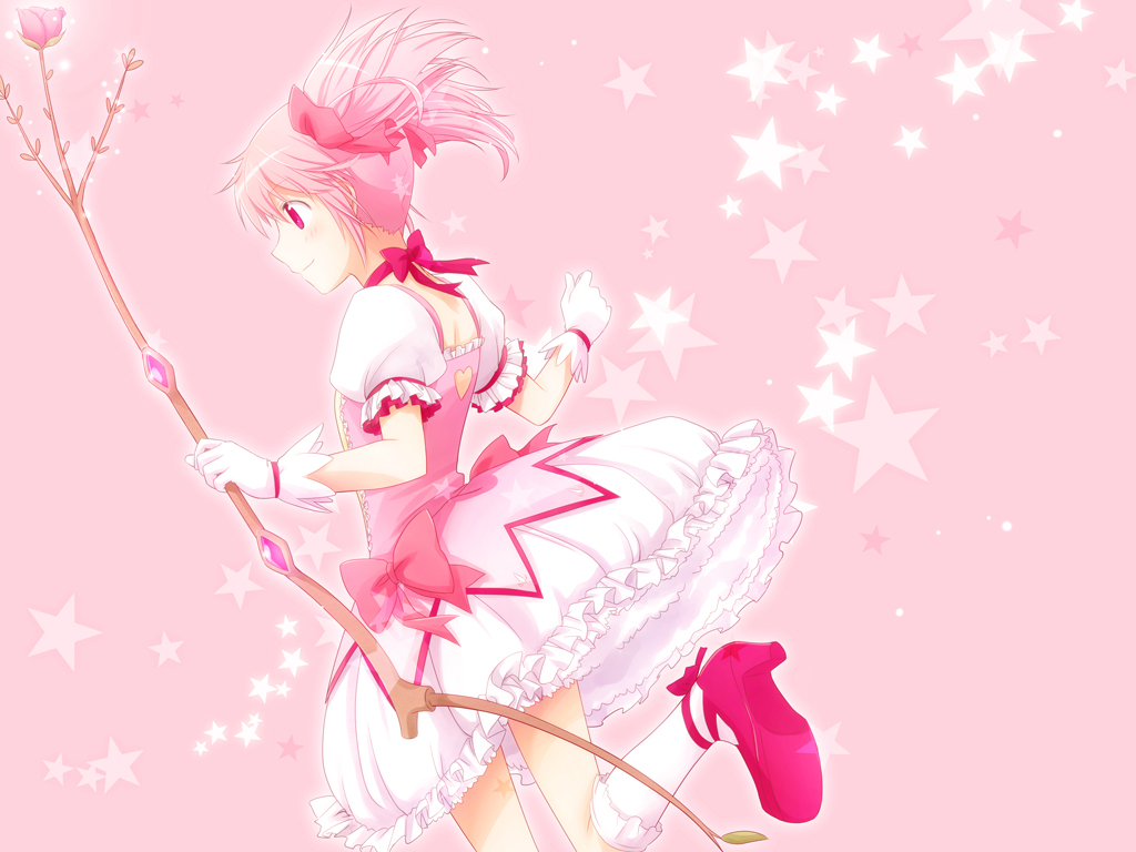 arya_(artist), blush, bow, bow_(weapon), dress, flowers, gloves, kaname_madoka