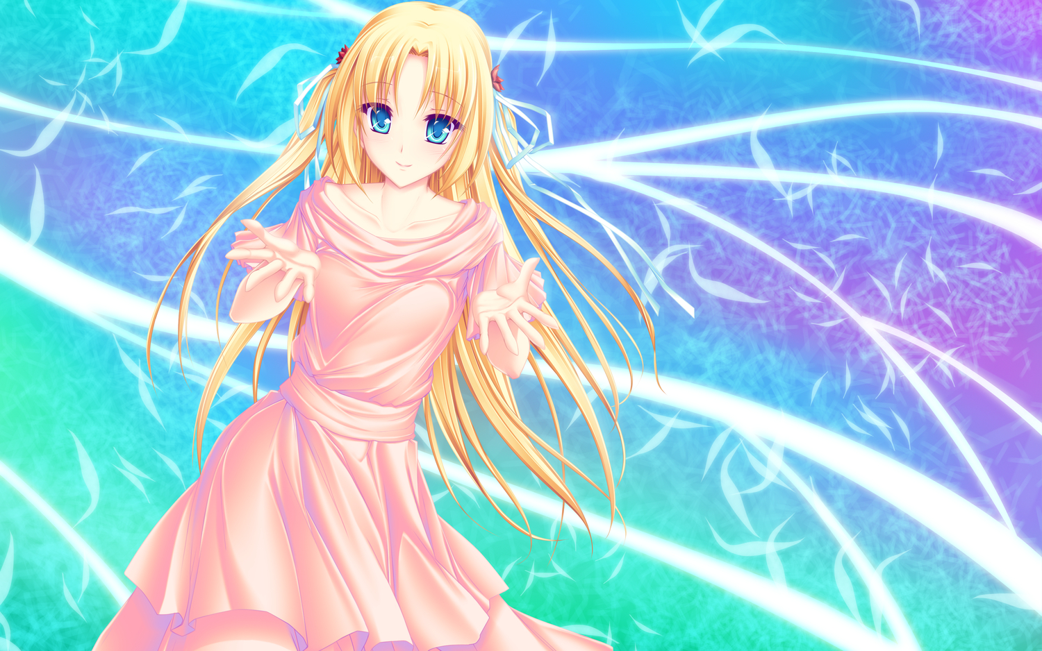 aqua_eyes, blonde_hair, carlyle_mel, dress, long_hair, ribbons, ryuuyoku_no_melodia, tenmaso