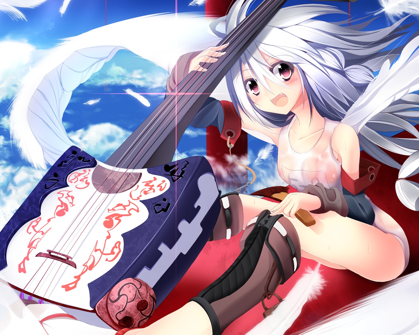 blush, fang, feathers, gray_hair, instrument, long_hair, original, school_swimsuit
