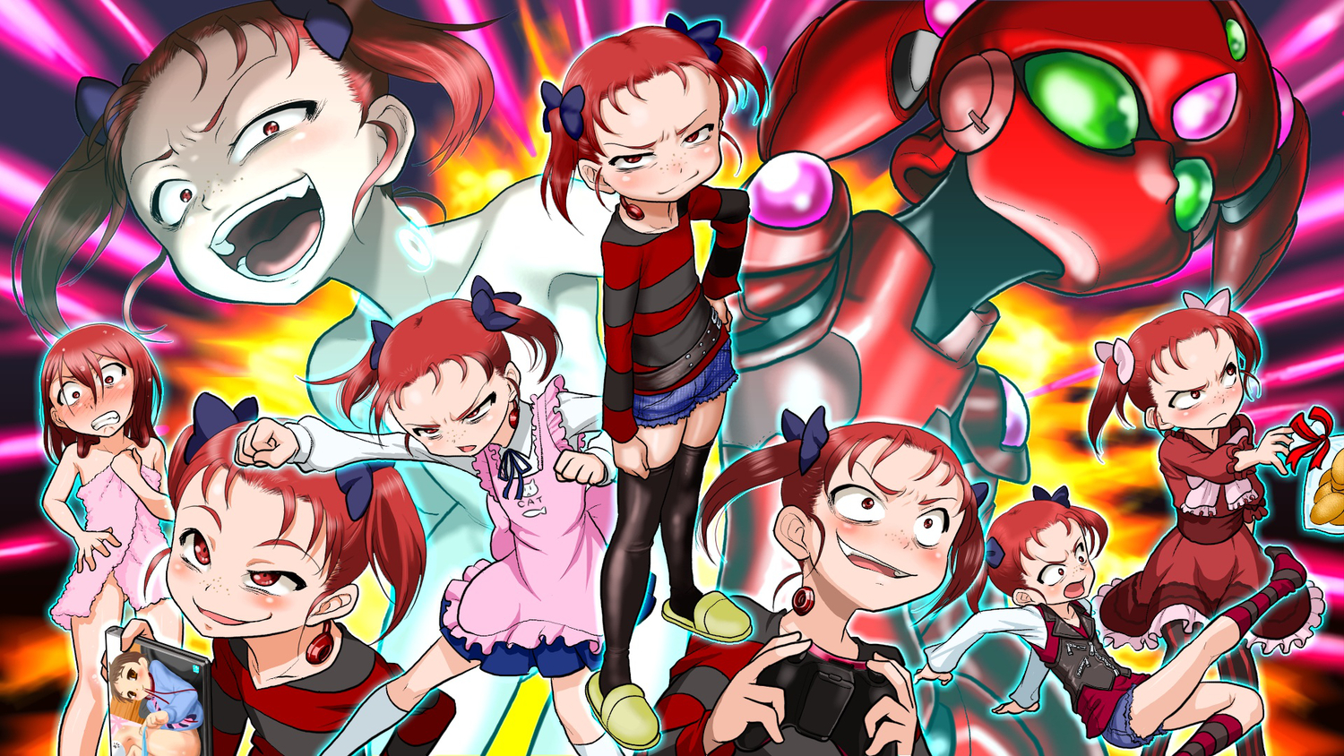 accel_world, apron, blush, boro, kouzuki_yuniko, nude, red_eyes, red_hair