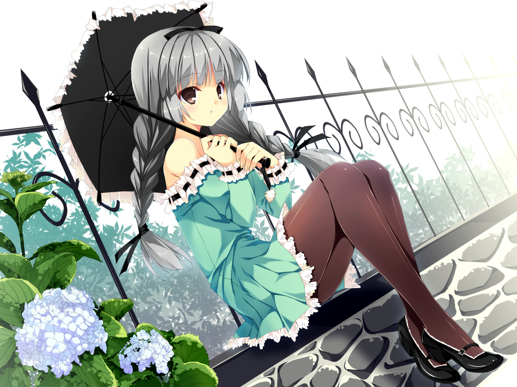 braids, dress, flowers, gray_hair, kobayashi_chisato, lolita_fashion, original, pantyhose
