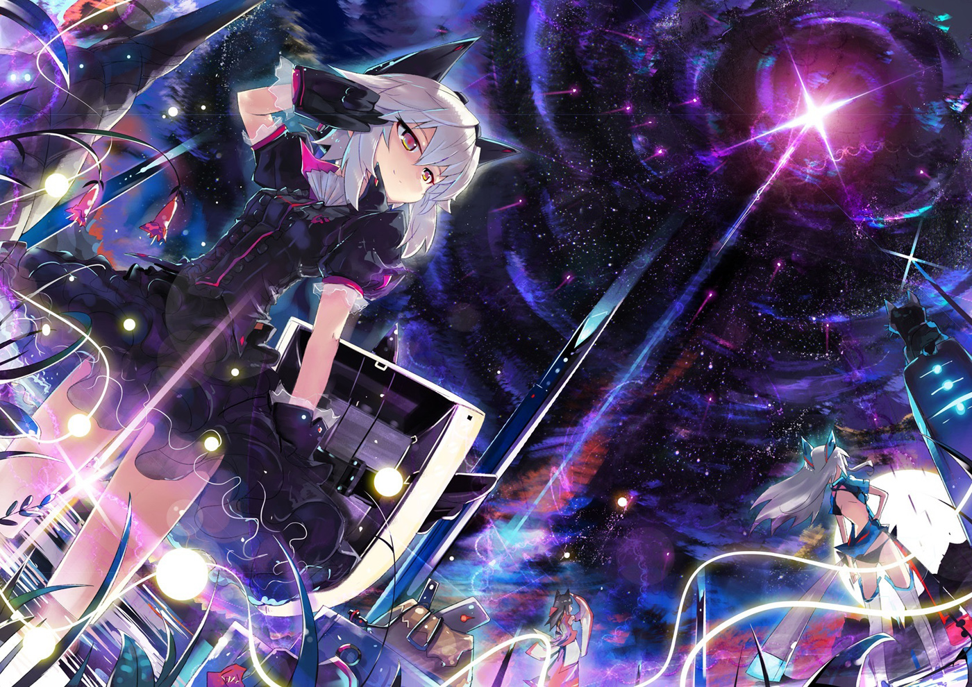 black_hair, gloves, gray_hair, long_hair, original, pink_eyes, water, wei_(hoshieve)