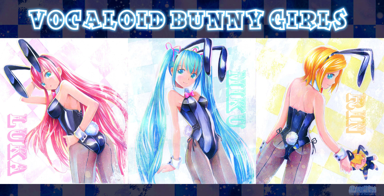 animal_ears, aqua_eyes, bunny_ears, bunnygirl, hatsune_miku, kagamine_rin, leotard, mayo_riyo