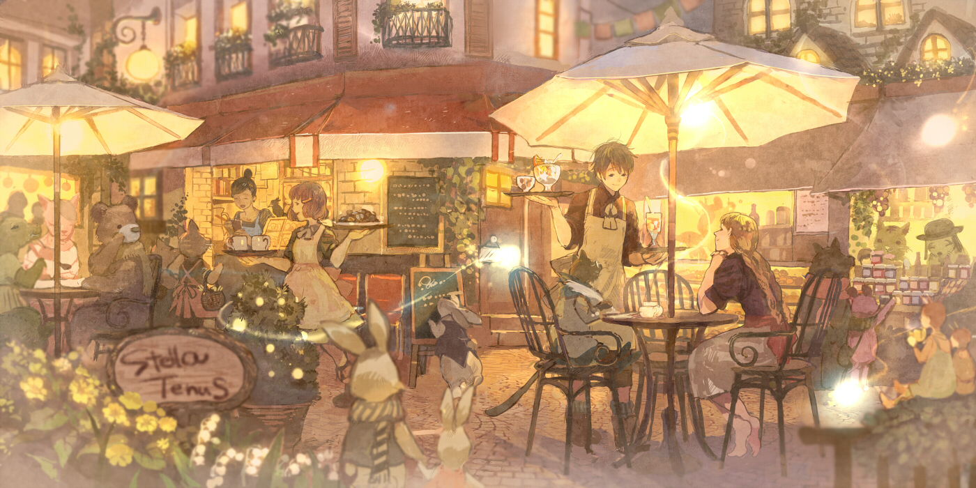 animal, bear, drink, original, pon_(cielo), rabbit, umbrella