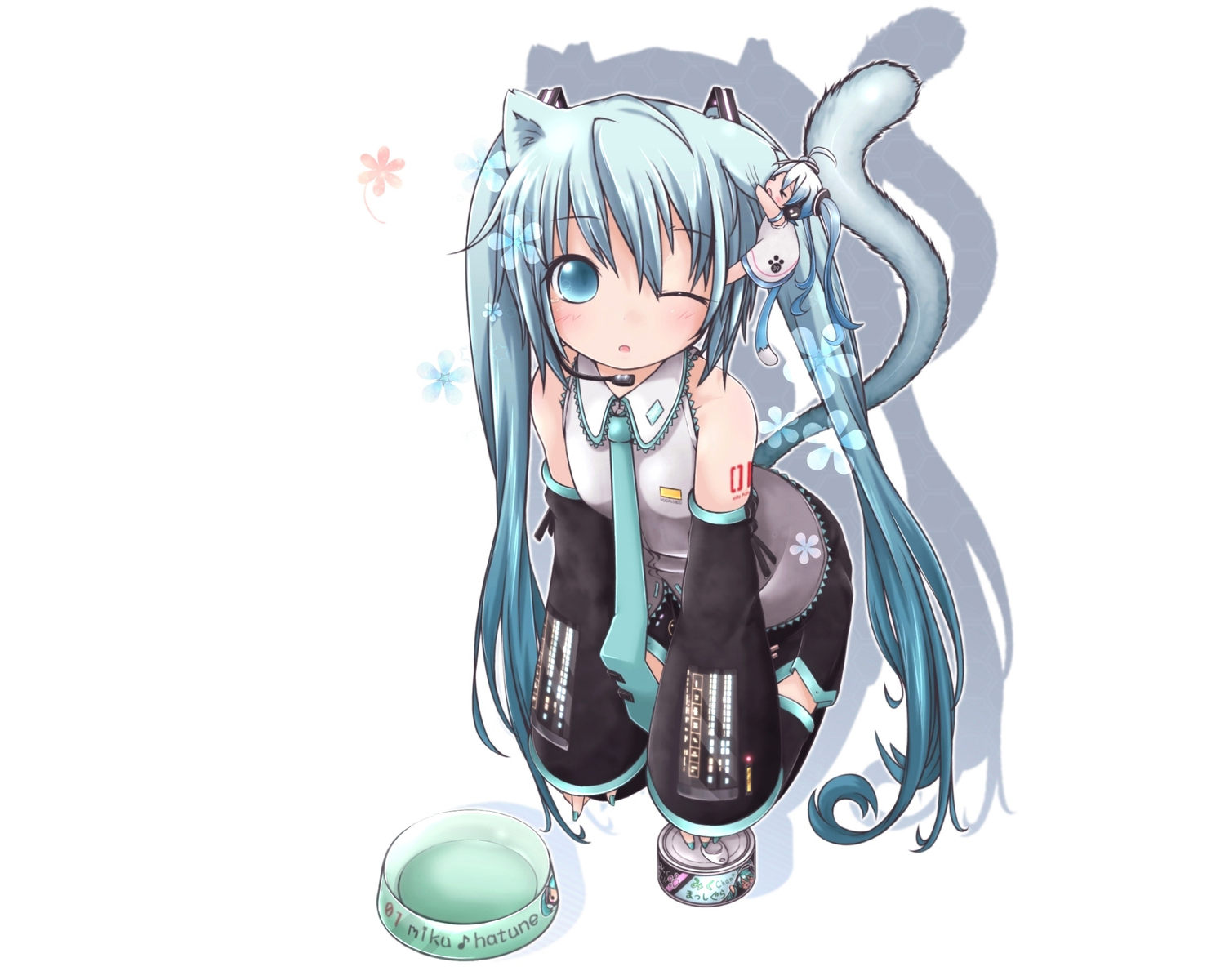 akino_coto, animal_ears, aqua_hair, catgirl, chibi, hatsune_miku, tail, thighhighs, tie, twintails, vocaloid, white