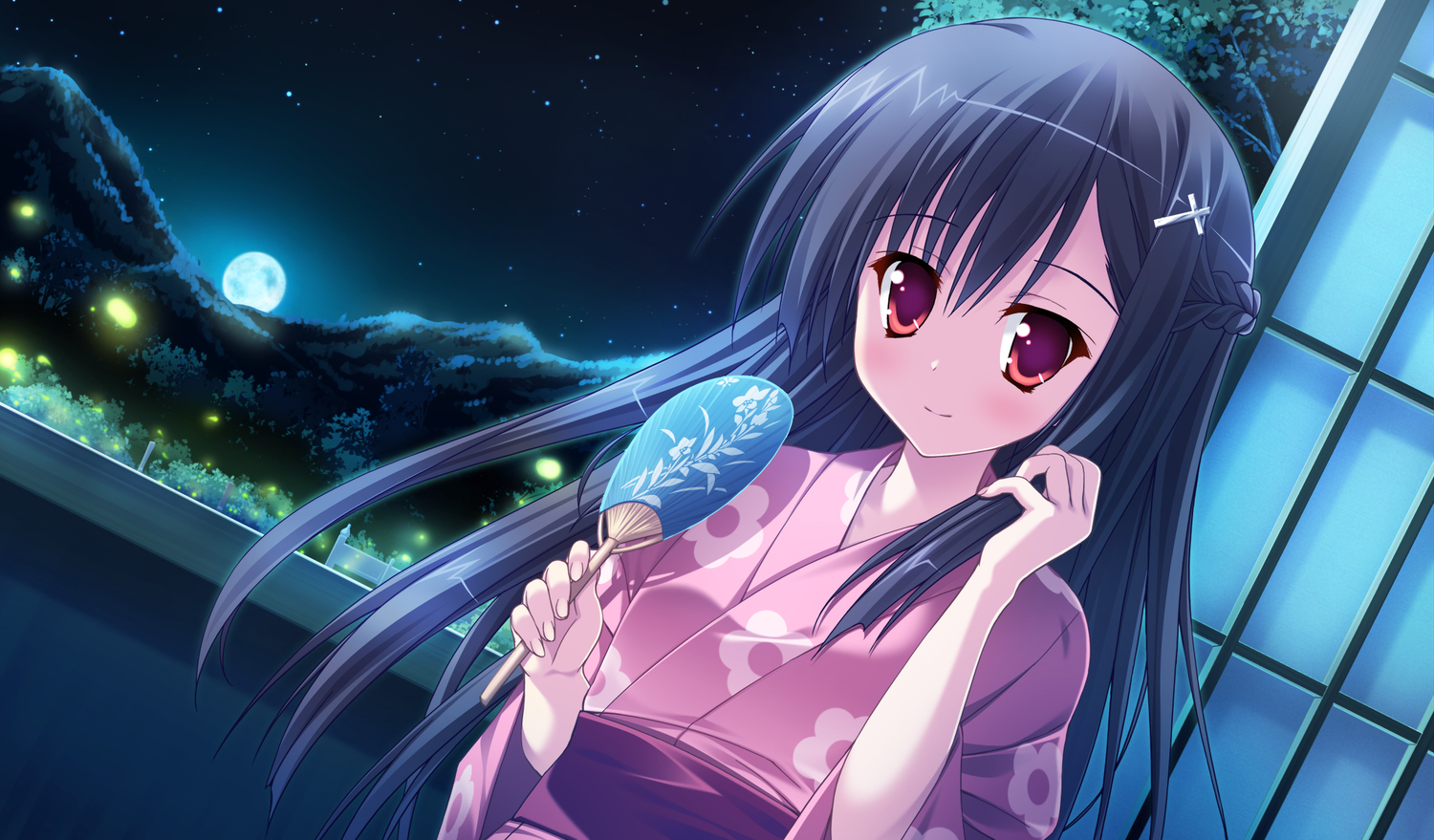 black_hair, fan, game_cg, japanese_clothes, kitamikado_ritsuko, long_hair, moon, moonstone