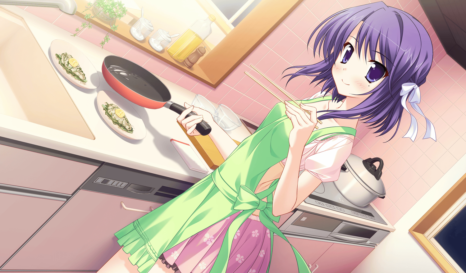 apron, food, game_cg, mekata_mitsuki, moonstone, princess_evangile, purple_eyes, purple_hair