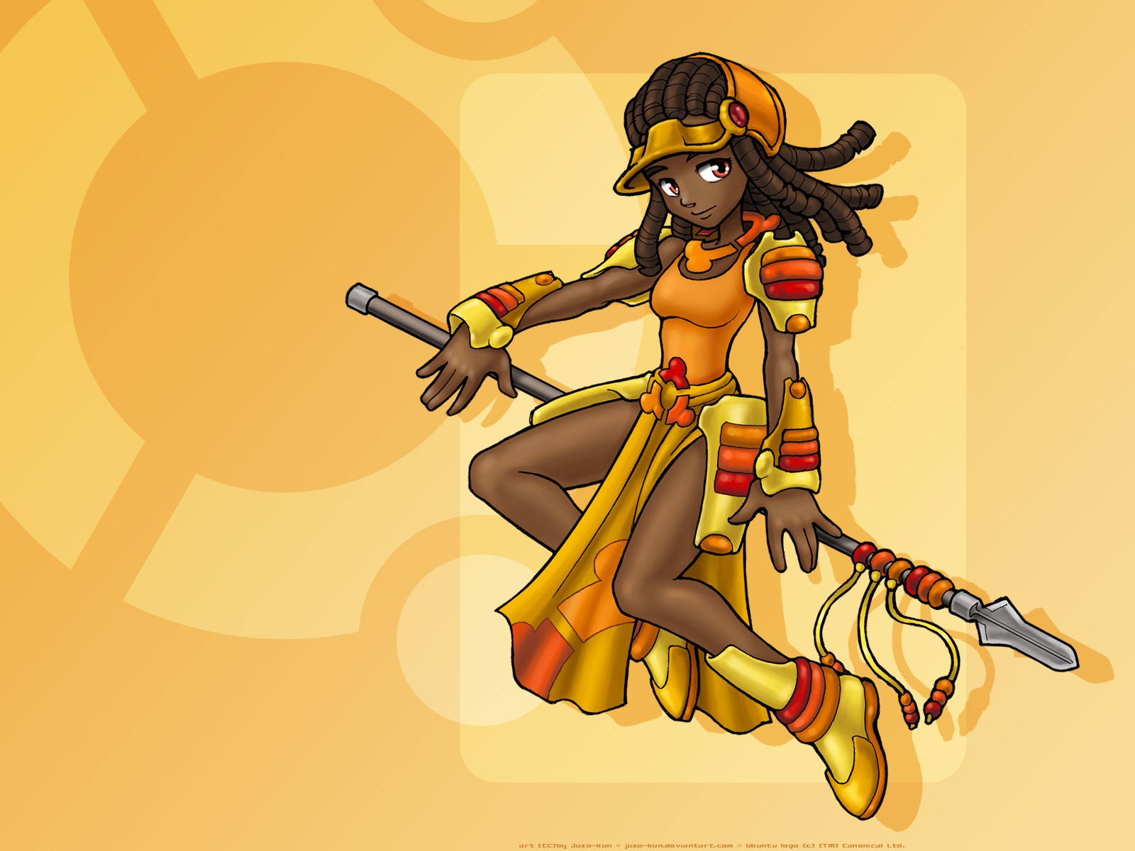anthropomorphism, juzo-kun, linux, os-tan, spear, ubuntu, weapon, yellow