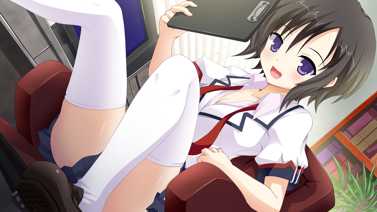 black_hair, fang, game_cg, namima_no_kuni_no_faust, school_uniform, short_hair, thighhighs, torishimo, tsuzuri_kanata
