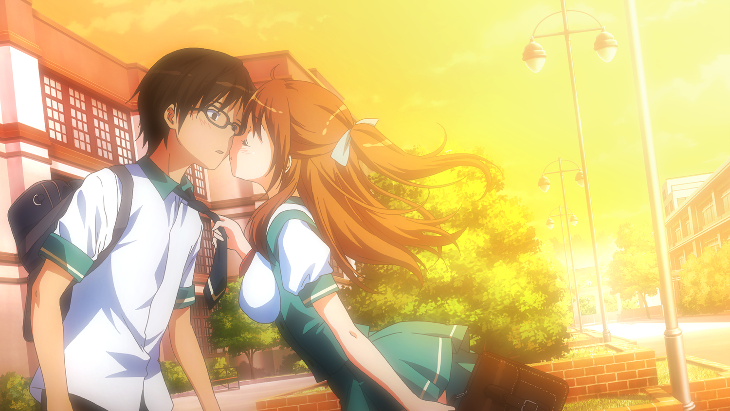 aorio, brown_hair, game_cg, glasses, kiss, long_hair, matsuzawa_yuka, moododan, school_uniform, tie