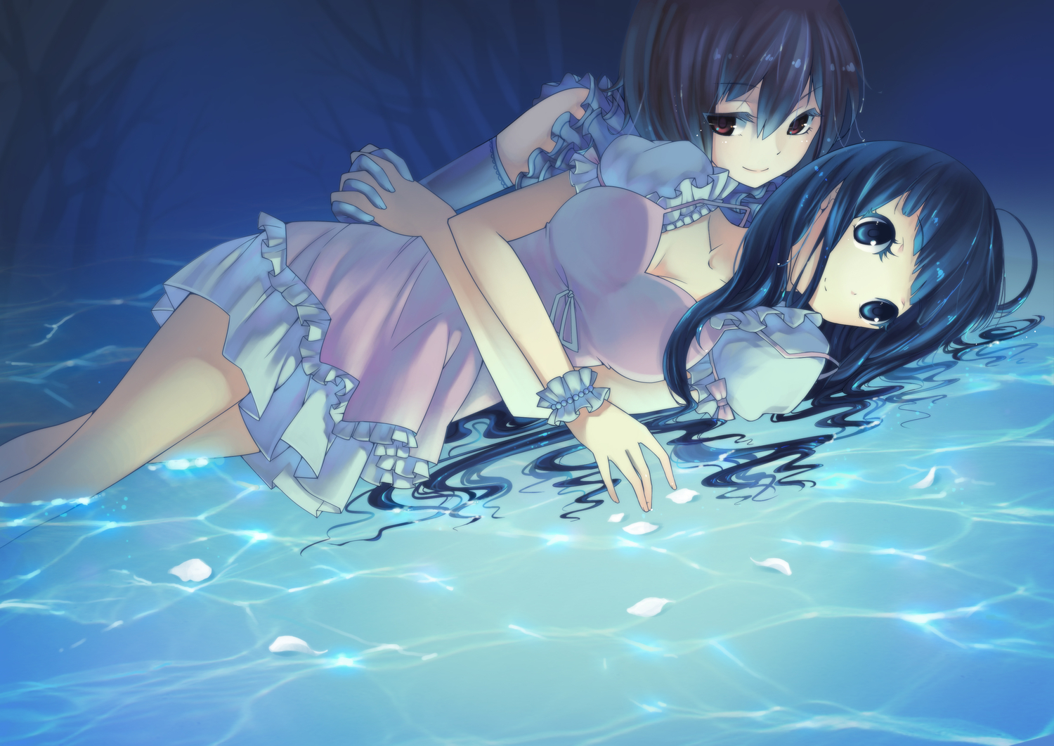2girls, blue_(artist), breasts, cleavage, dress, original, petals, shoujo_ai, water