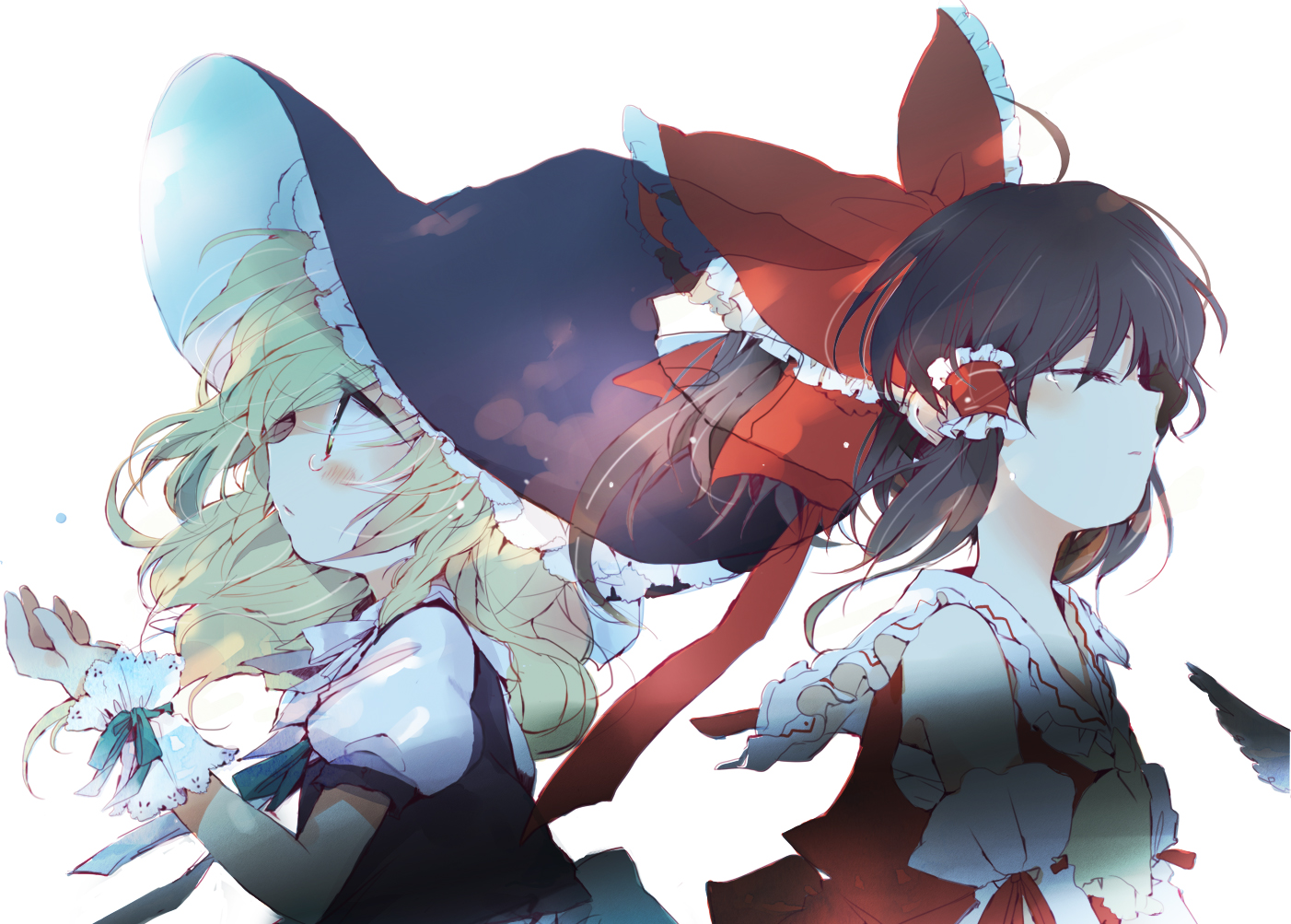 2girls, bow, hakurei_reimu, hat, japanese_clothes, kirisame_marisa, miko, poprication, tears, touhou, white, witch