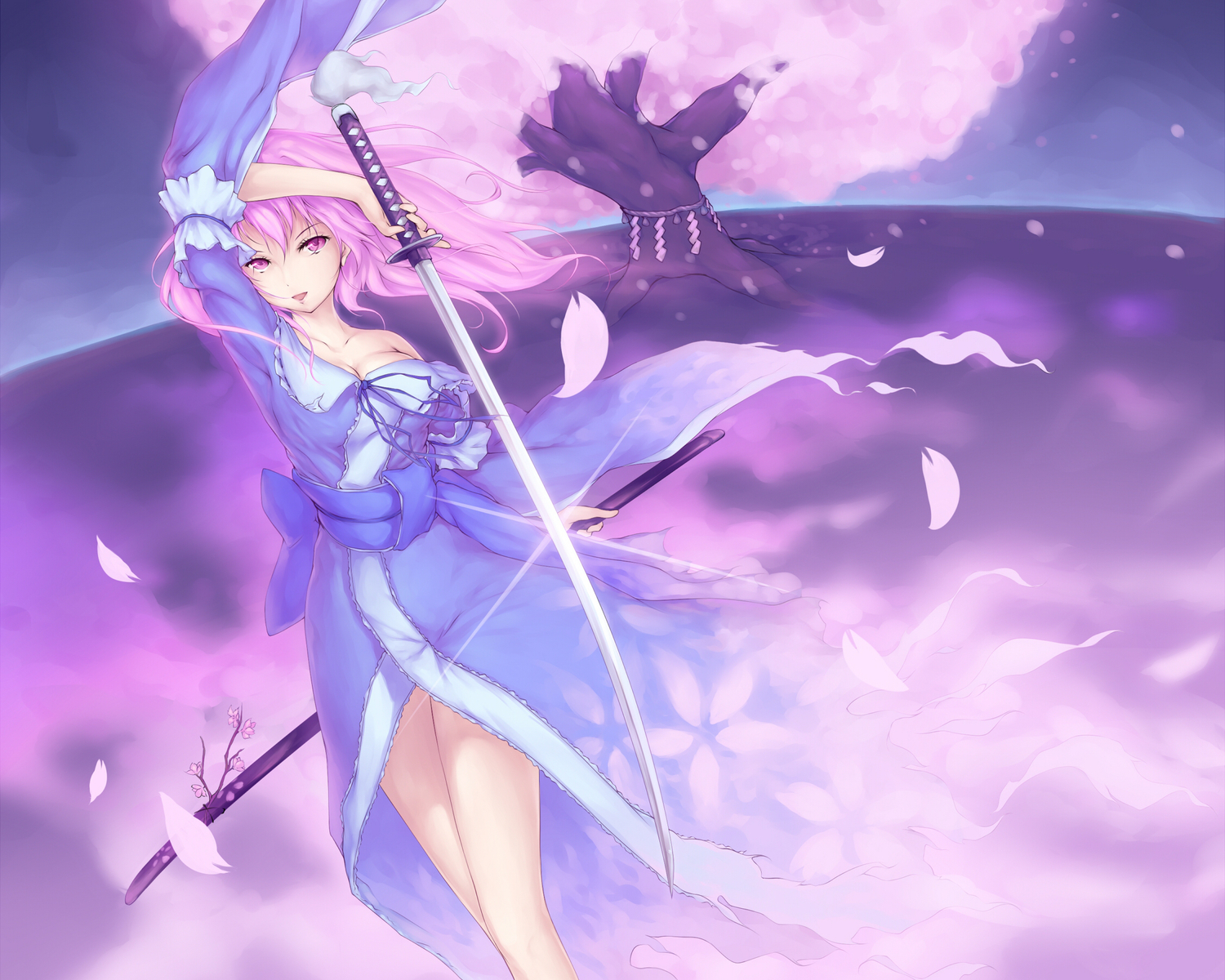 die_blonde_bestie, no_bra, petals, pink_hair, saigyouji_yuyuko, sword, touhou, weapon