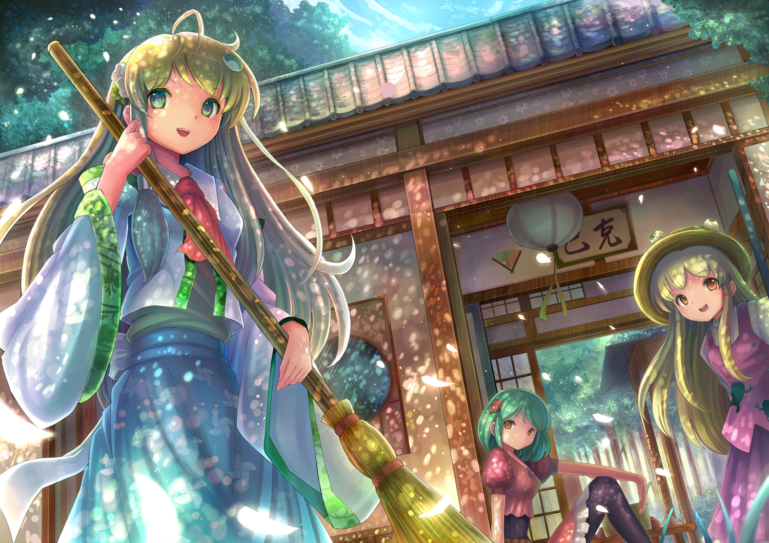 japanese_clothes, kochiya_sanae, miko, moriya_suwako, sanntouhei, touhou, yasaka_kanako