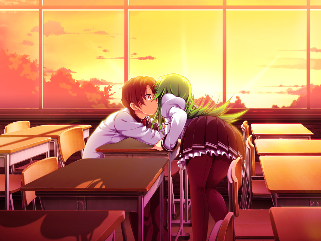astronauts, brown_eyes, brown_hair, clouds, erect!, erotis_eris, game_cg, green_hair, long_hair, pantyhose, piromizu, school_uniform, short_hair, skirt, sky, sunset