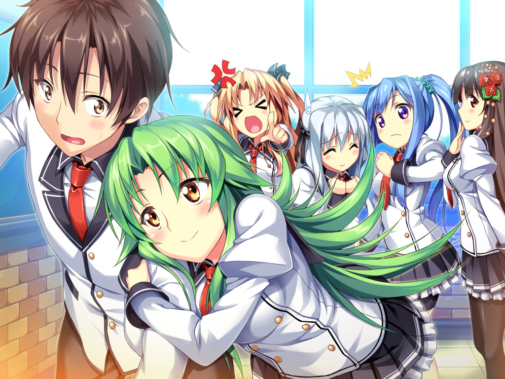 asteel_runastia, astronauts, black_hair, blonde_hair, blue_hair, blush, bow, brown_eyes