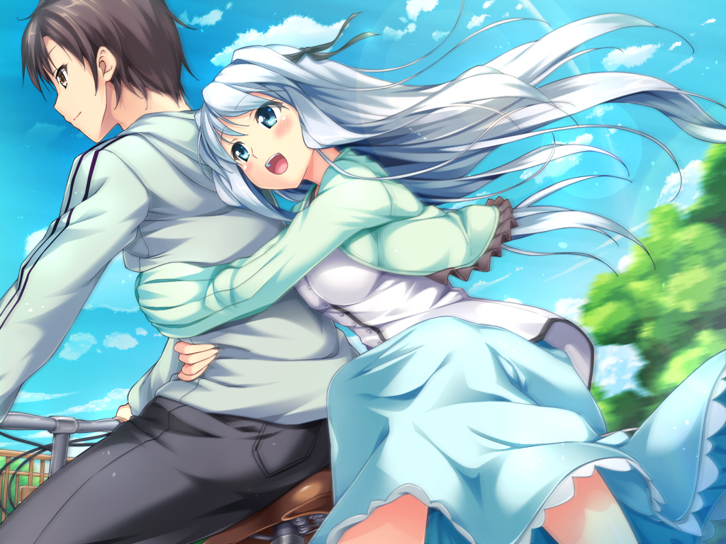 aqua_eyes, asteel_runastia, astronauts, blue_hair, blush, brown_eyes, brown_hair, clouds