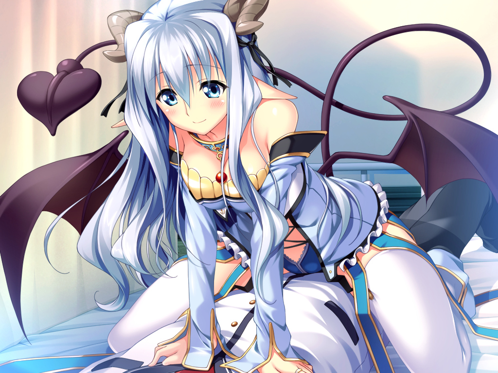 aqua_eyes, asteel_runastia, astronauts, bed, blue_hair, blush, erect!, game_cg, horns, long_hair, piromizu, pointed_ears, ribbons, school_uniform, stockings, tail, wings