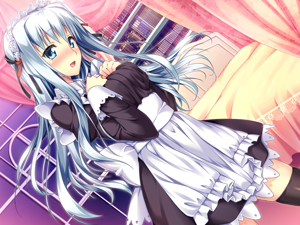aqua_eyes, asteel_runastia, astronauts, bed, blue_hair, blush, book, erect!, game_cg, long_hair, maid, piromizu, ribbons, stockings