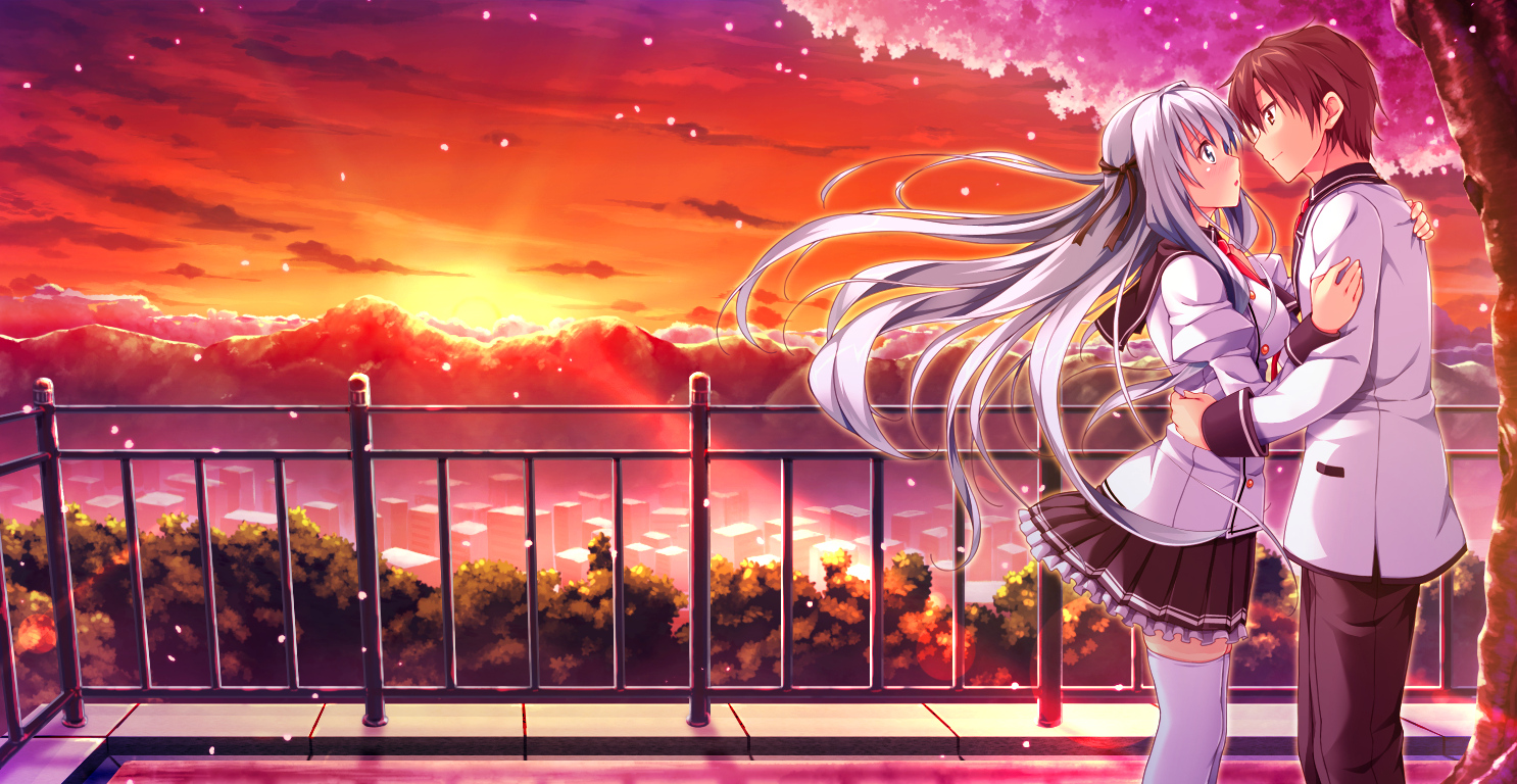 aqua_eyes, asteel_runastia, astronauts, brown_eyes, brown_hair, building, cherry_blossoms, city