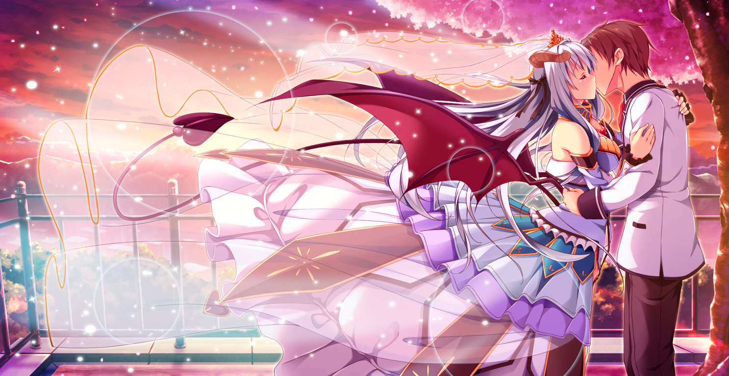 asteel_runastia, astronauts, brown_hair, cherry_blossoms, clouds, dress, erect!, flowers