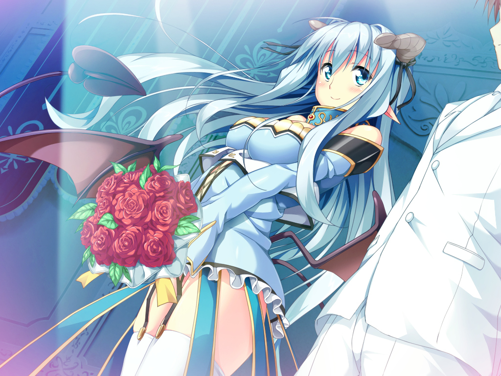 aqua_eyes, asteel_runastia, astronauts, blue_hair, blush, brown_hair, erect!, flowers