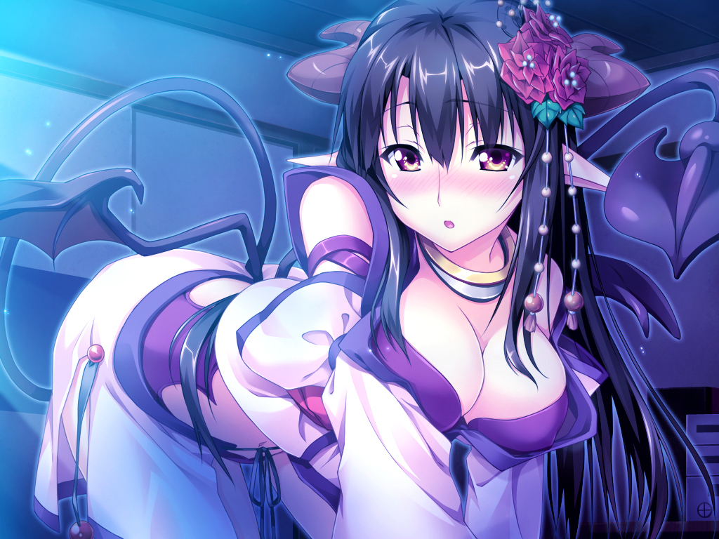 astronauts, black_hair, blush, brown_eyes, erect!, game_cg, horns, long_hair, piromizu, pointed_ears, tail, trinity_euphoria, wings
