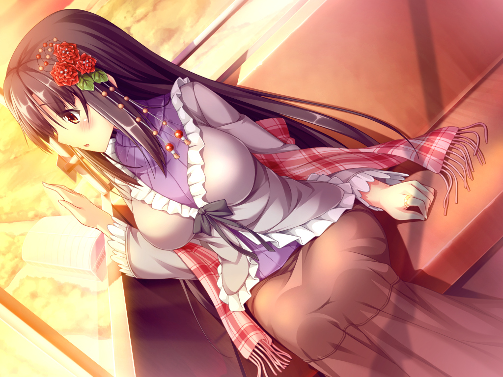 astronauts, black_hair, blush, brown_eyes, erect!, game_cg, long_hair, piromizu, ribbons, scarf, skirt, trinity_euphoria