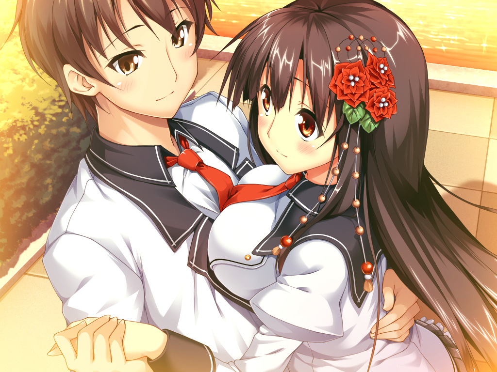 astronauts, black_hair, blush, brown_eyes, brown_hair, erect!, game_cg, long_hair