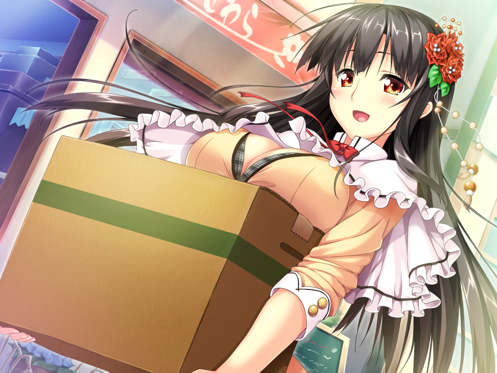 astronauts, black_hair, brown_eyes, erect!, flowers, game_cg, long_hair, piromizu, ribbons, trinity_euphoria