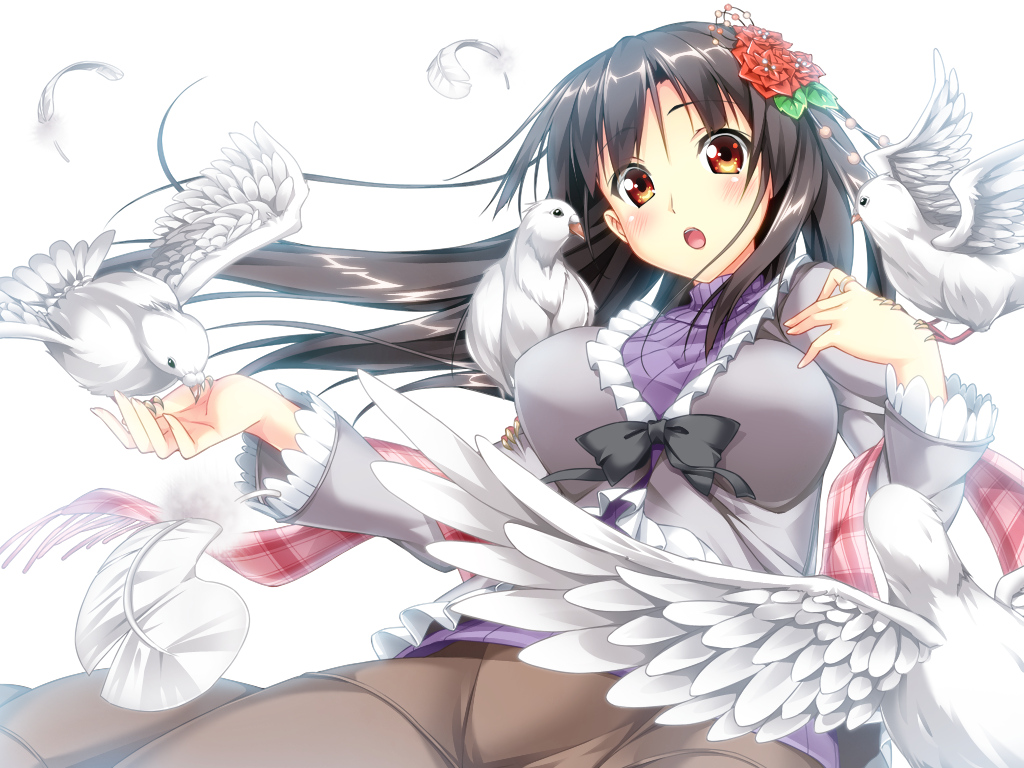 animal, astronauts, bird, black_hair, blush, bow, brown_eyes, erect!