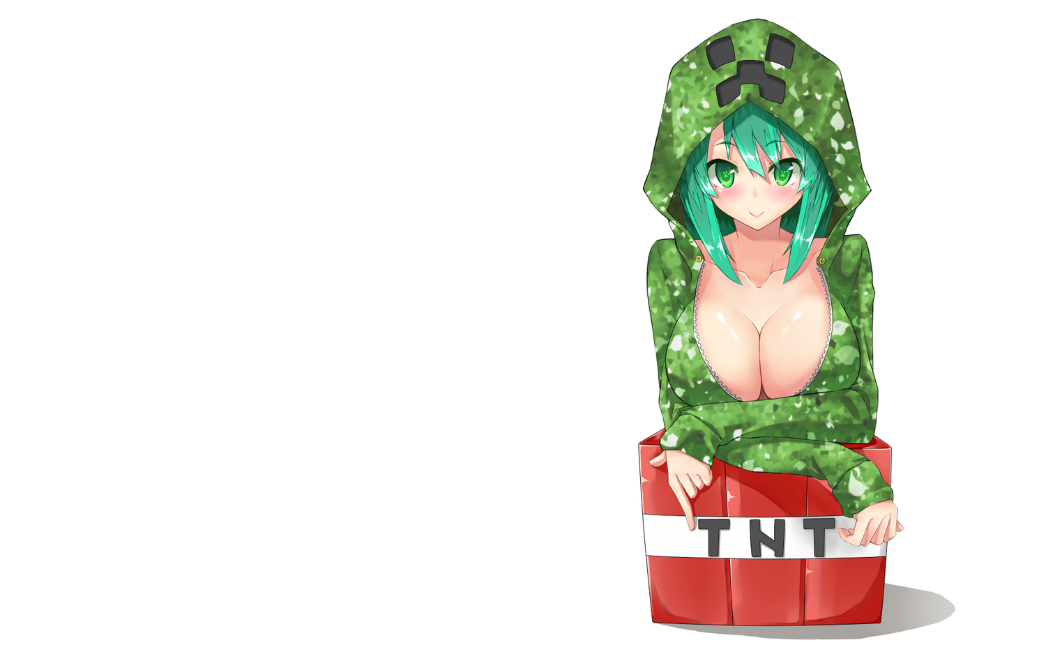 anthropomorphism, blush, breasts, cleavage, creeper, green_eyes, green_hair, hood, minecraft, no_bra, white