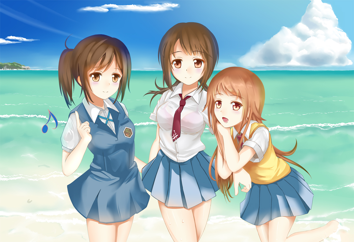 beach, miyabi_(artist), miyamoto_konatsu, okita_sawa, sakai_wakana, school_uniform, tari_tari