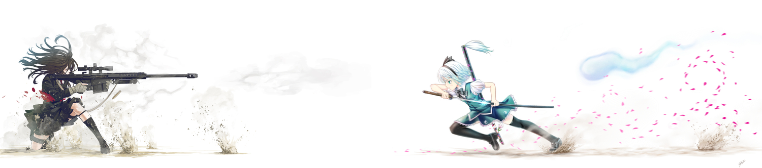 2girls, bow, brown_hair, dualscreen, gloves, gotou_hisashi, gray_hair, green_eyes, gun, headband, katana, kneehighs, konpaku_youmu, kozaki_yuusuke, long_hair, myon, original, petals, school_uniform, short_hair, signed, skirt, sword, thighhighs, third-party_edit, touhou, weapon, white