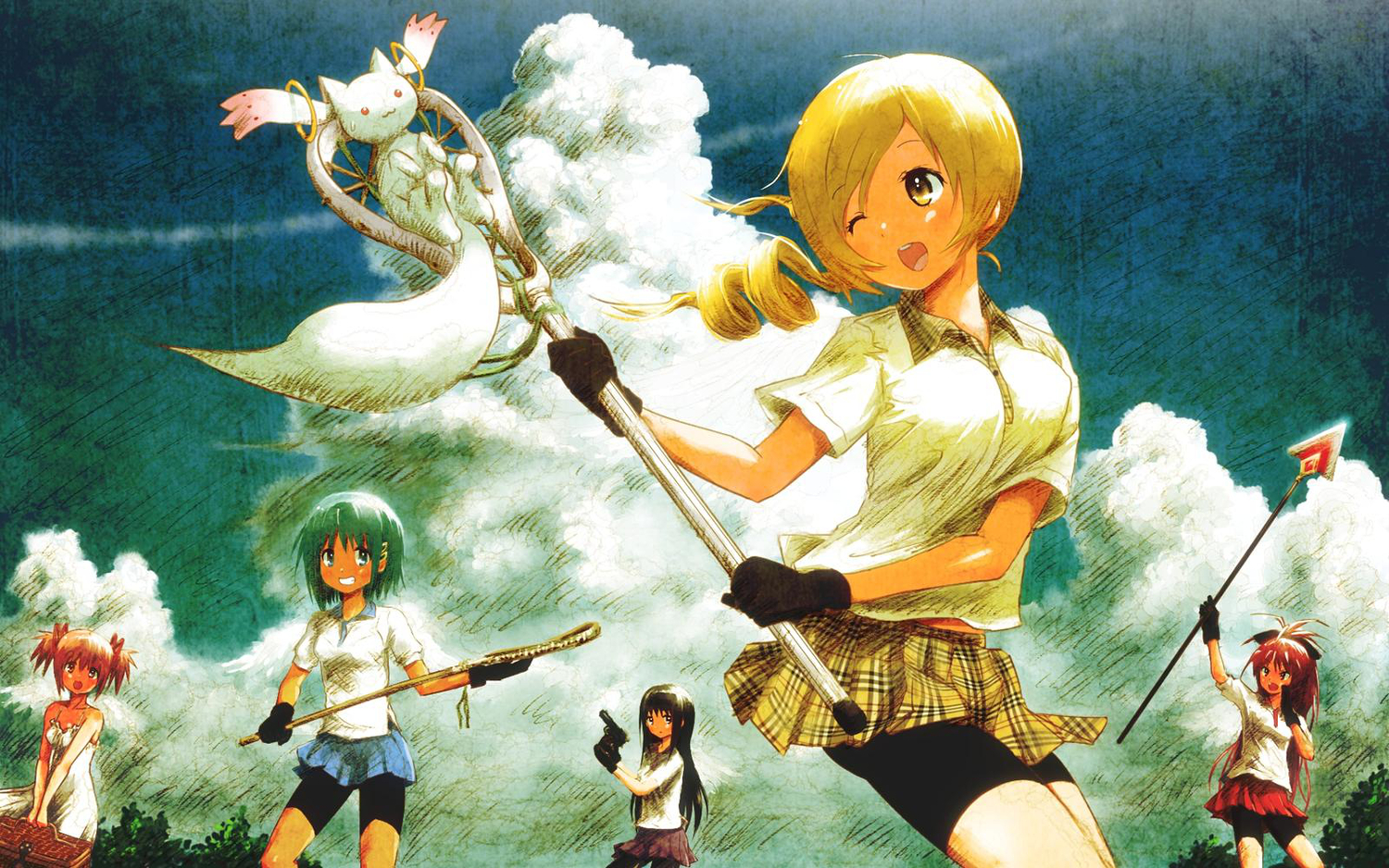 akemi_homura, cat_smile, group, gun, jpeg_artifacts, kaname_madoka, kyuubee, mahou_shoujo_madoka_magica, miki_sayaka, sakura_kyouko, spear, tomoe_mami, weapon, wings, wink, yoshinogai