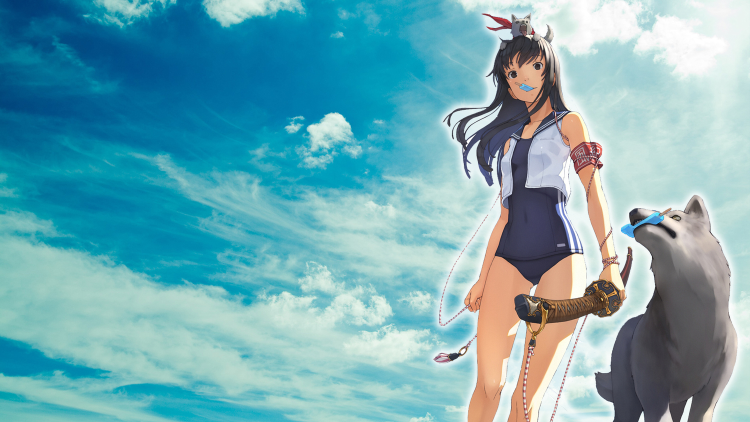 animal, black_eyes, black_hair, clouds, dog, food, ice_cream, katana, long_hair, rope, school_swimsuit, shizuma_yoshinori, sky, swimsuit, sword, third-party_edit, weapon