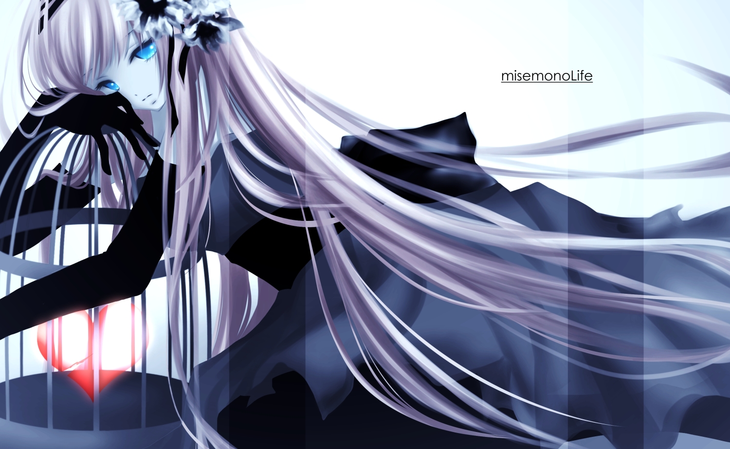 aonoe, cage, dress, elbow_gloves, gloves, heart, megurine_luka, vocaloid