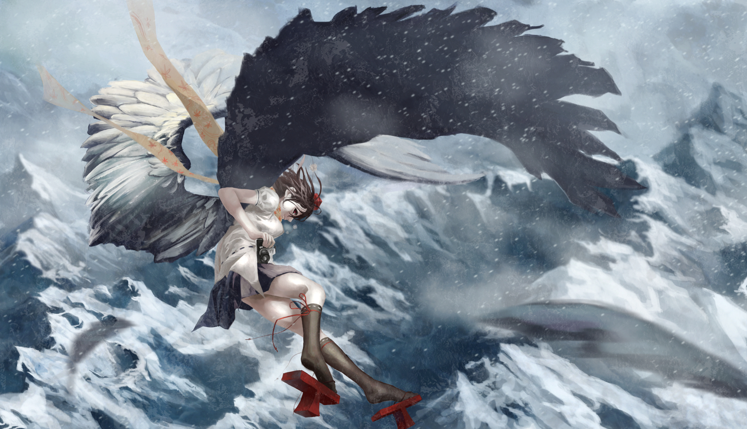 akaikitsune, brown_hair, camera, feathers, hat, red_eyes, shameimaru_aya, sky