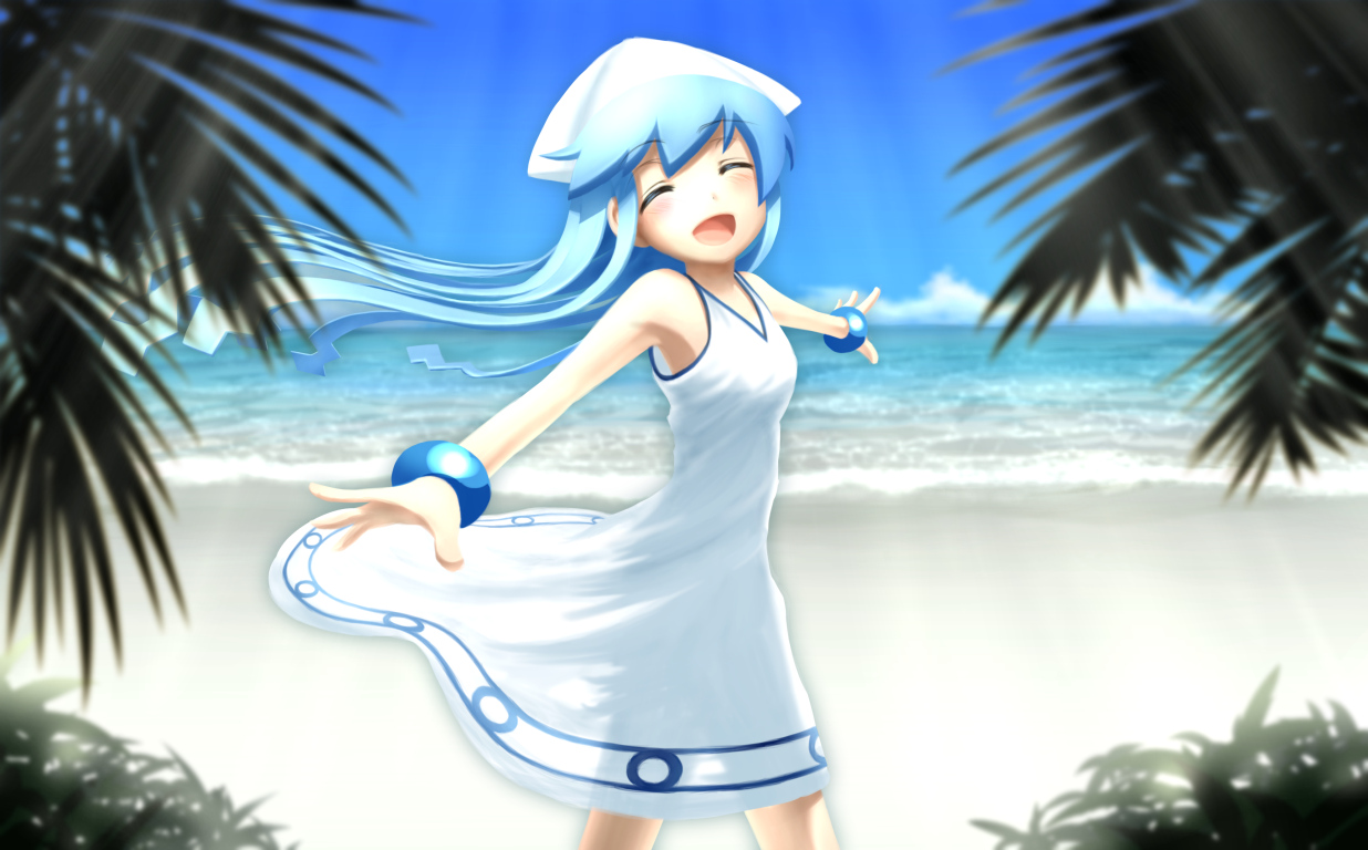 beach, blue_hair, clouds, ikamusume, loli, long_hair, misoinu, shinryaku!_ikamusume, sky, water