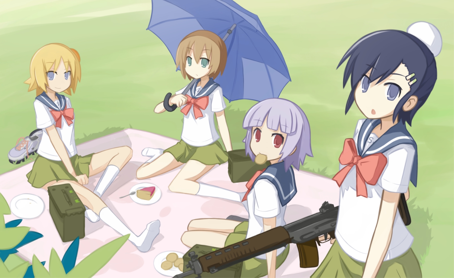 aqua_eyes, black_hair, blue_eyes, bow, brown_hair, cake, fnc_(upotte!!), food