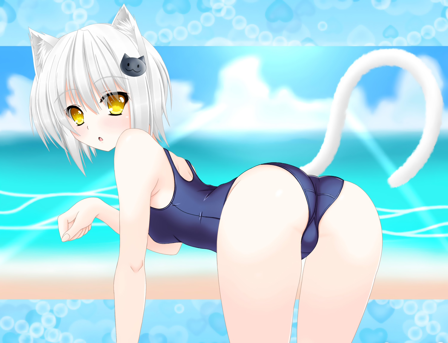 animal_ears, catgirl, highschool_dxd, school_swimsuit, short_hair, swimsuit, tail, toujou_koneko, white_hair, yellow_eyes, yunagi_amane