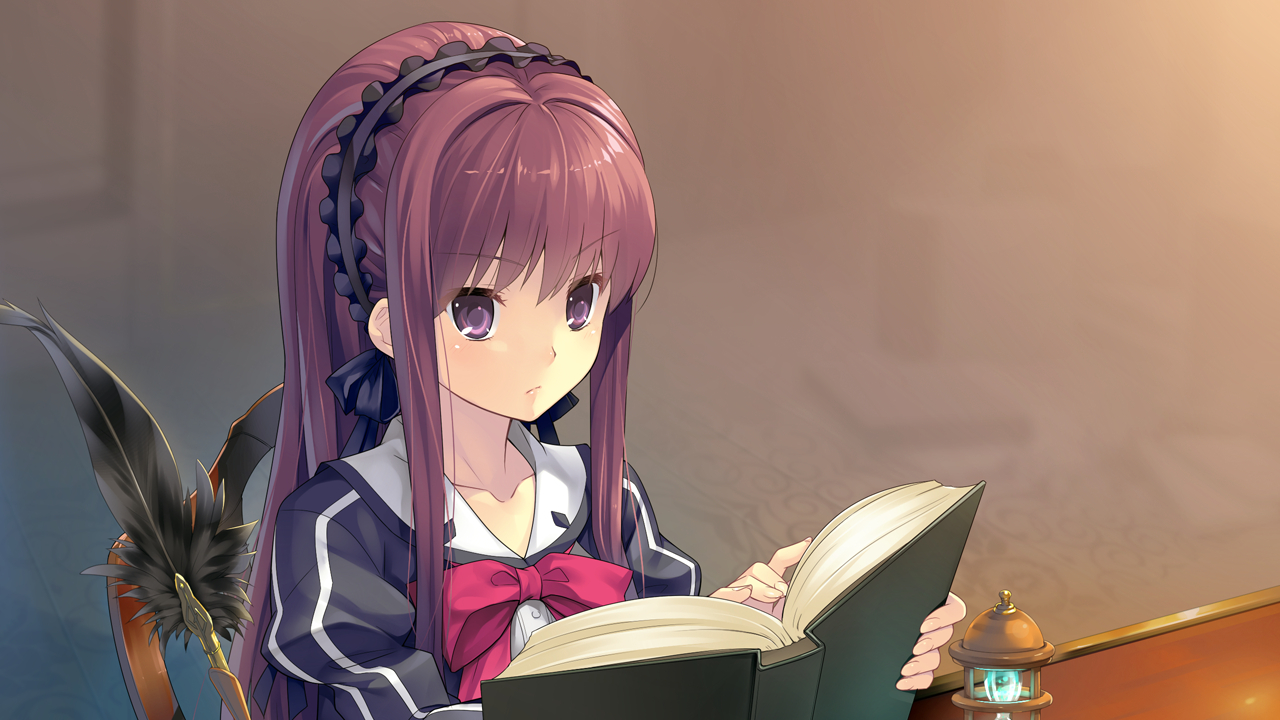 book, bow, game_cg, headband, long_hair, shishigatani_ushio, tokeijikake_no_ley_line, urabi_(tomatohouse)