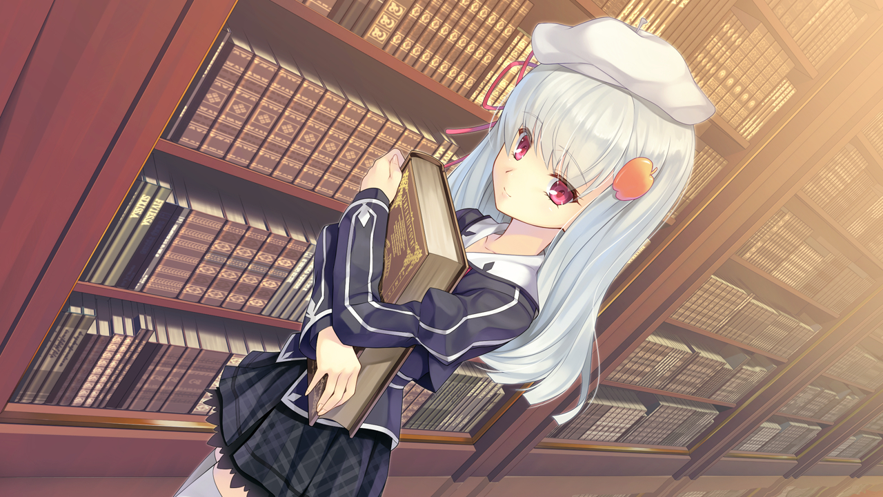 book, game_cg, hat, long_hair, purple_eyes, rito_(tokeijikake_no_ley_line), school_uniform, tokeijikake_no_ley_line