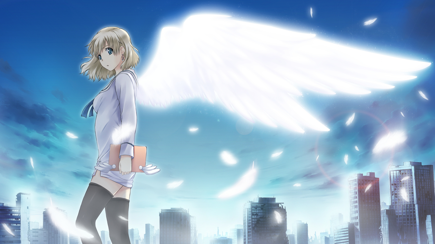 blonde_hair, city, game_cg, ishii_hisao, raziel_(tokyo_babel), short_hair, thighhighs, tokyo_babel
