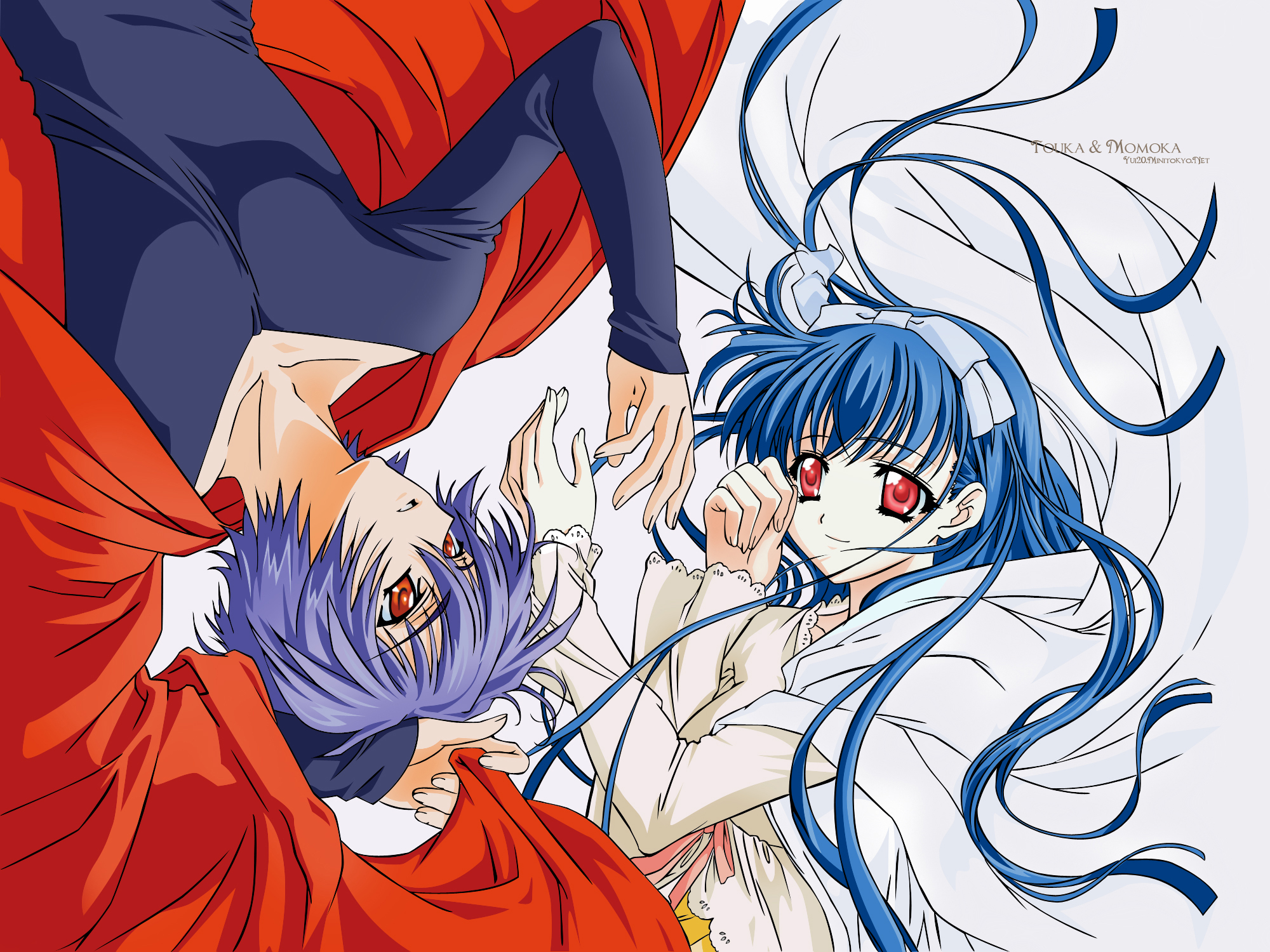 blue_hair, bow, carnelian, dress, kamiazuma_touka, kawakabe_momoka, long_hair, male, orange_eyes, purple_hair, red_eyes, touka_gettan, vector, white
