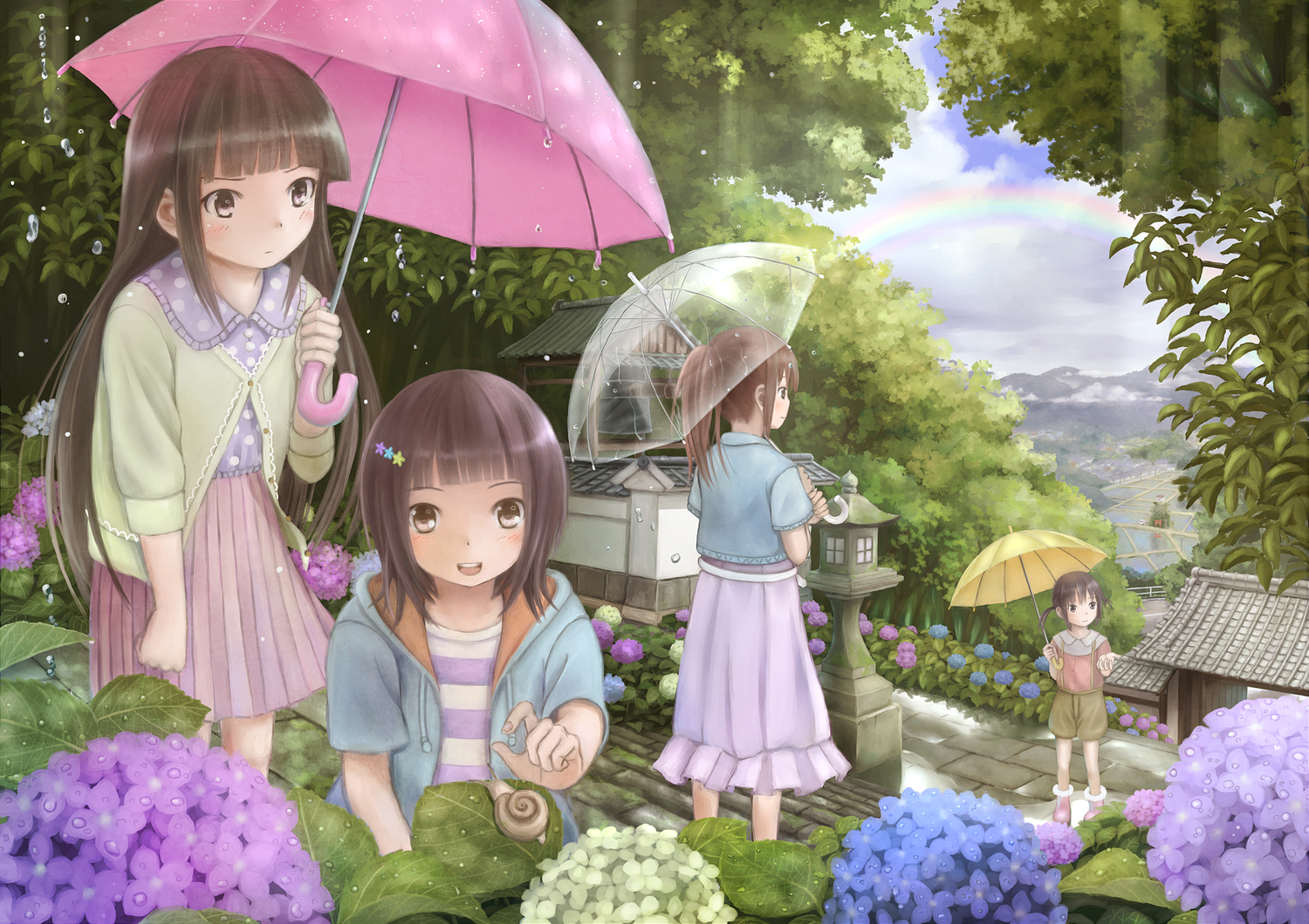 flowers, original, rain, rainbow, taka_(tsmix), tree, umbrella, water